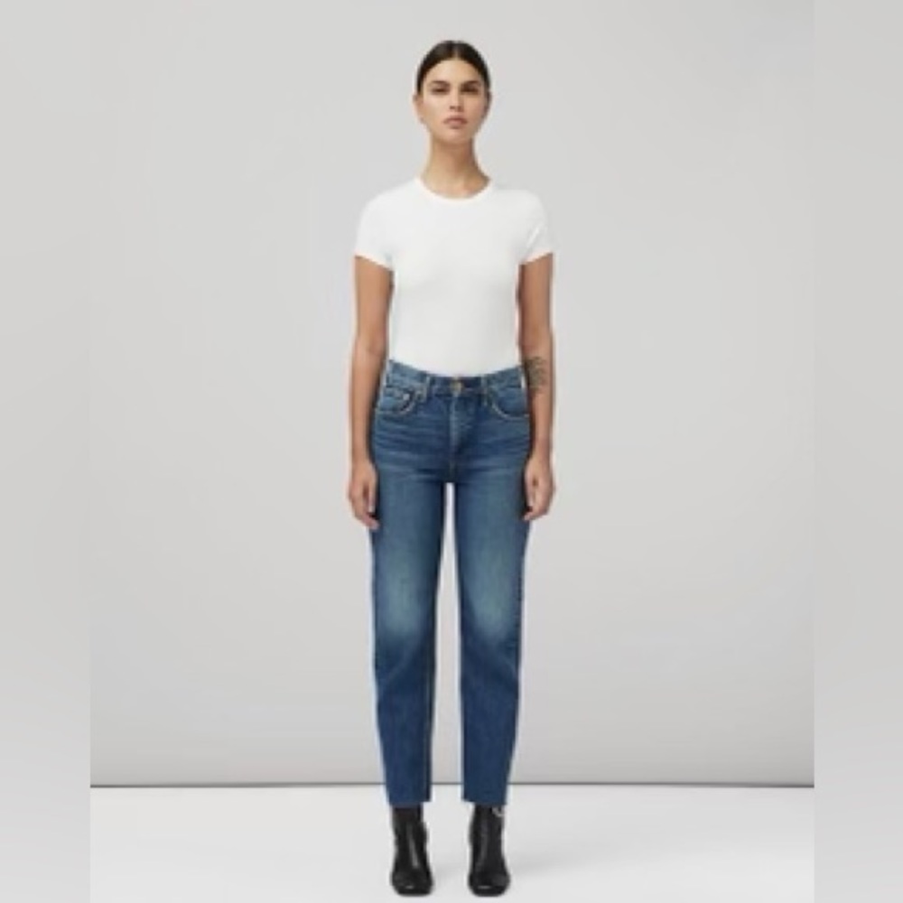 Harlow dark indigo straight-leg jean. This mid-rise style is fitted thru thigh.